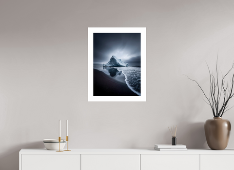 45 x 60 cm, Fine Art Print — Unframed "Obsidian Shore" – Sculptural Iceberg on Black Sand Fine Art Print