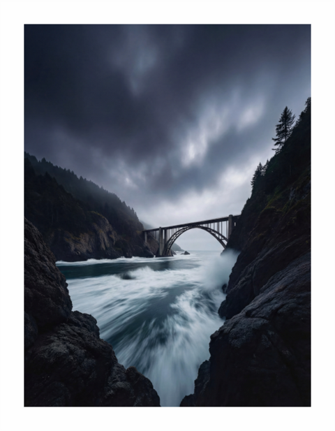 Main image Spanning the Storm – Cinematic Coastal Bridge Fine Art Print