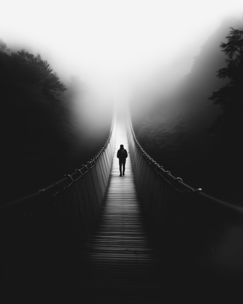 Hiker Crossing Bridge | Framed Poster | Premium Wooden Frame | Black & White - chaipeau