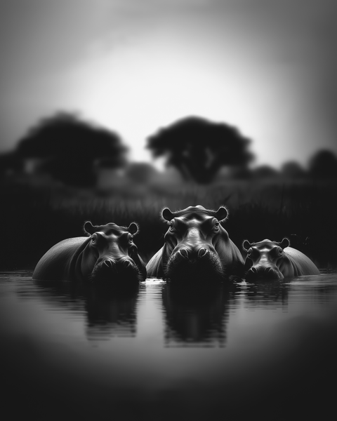 Hippo Family | Framed Poster | Premium Wooden Frame | Black & White - chaipeau