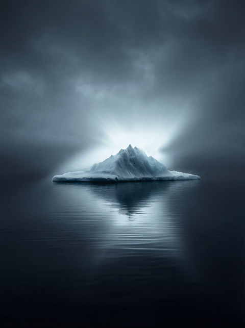 Generative art print of a pyramidal iceberg reflecting in calm Antarctic water, misty atmosphere, framed in matte black solid wood.