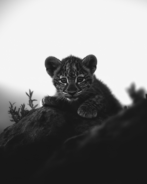 Leopard Cub | Framed Poster | Premium Wooden Frame | Black & White - chaipeau