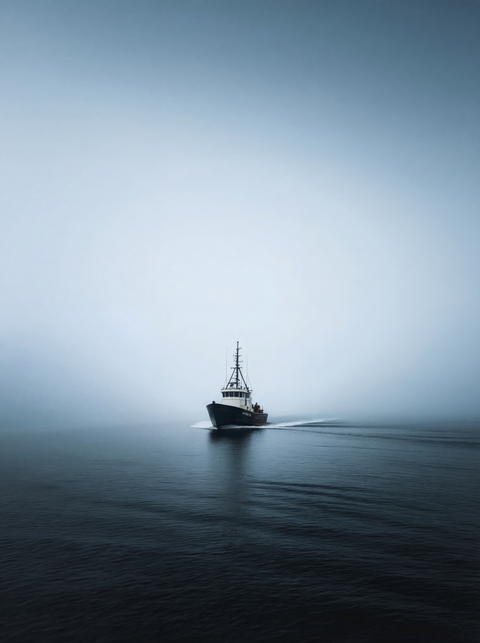 Into the Grey – Minimalist Fishing Boat Fine Art Print