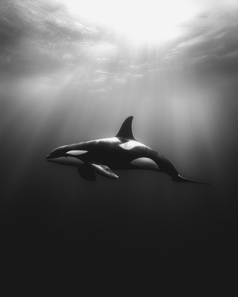 Underwater Orca | Framed Poster | Premium Wooden Frame | Black & White - chaipeau