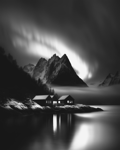 Rorbu Cabins | Framed Poster | Premium Wooden Frame | Black & White - chaipeau