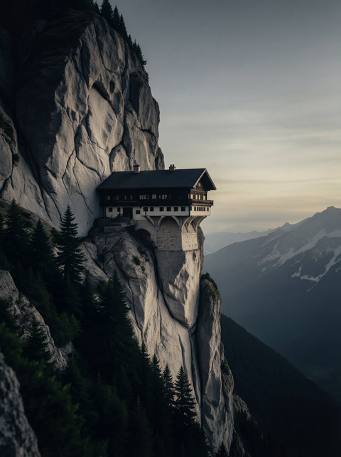 Generative art print of a traditional Bavarian mountain hut perched on a sheer limestone cliff, framed in matte black solid wood.