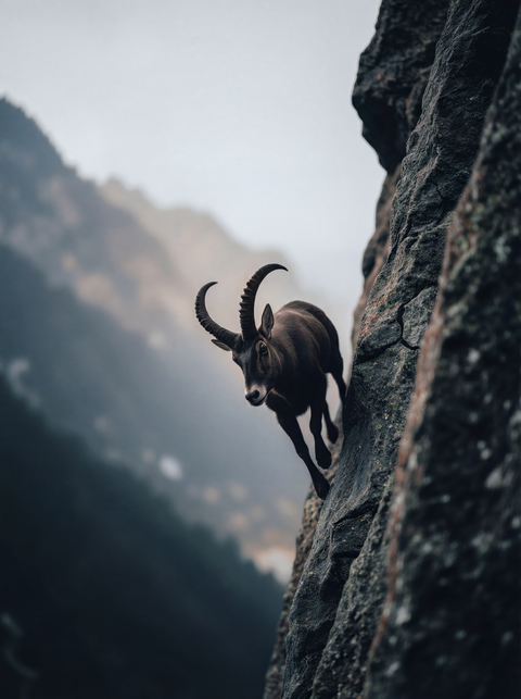 Generative art print of a male Alpine Ibex on a vertical cliff face, dark fur against grey rock, framed in matte black solid wood.