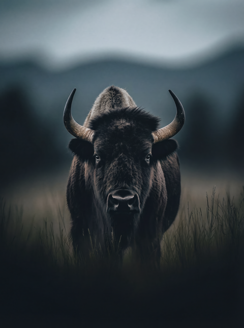 Generative art print of an American Bison head and shoulders, frontal portrait, prairie grass, mountain background, framed in matte black solid wood.