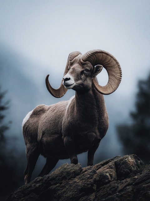 Generative art print of a Bighorn Sheep ram on a rocky outcrop, massive curved horns, mountain background, framed in matte black solid wood.