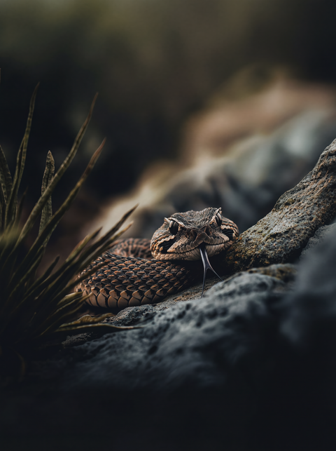 Generative art print of a coiled Prairie Rattlesnake among rocks and yucca, tongue flicking, shallow depth of field, framed in matte black solid wood.


