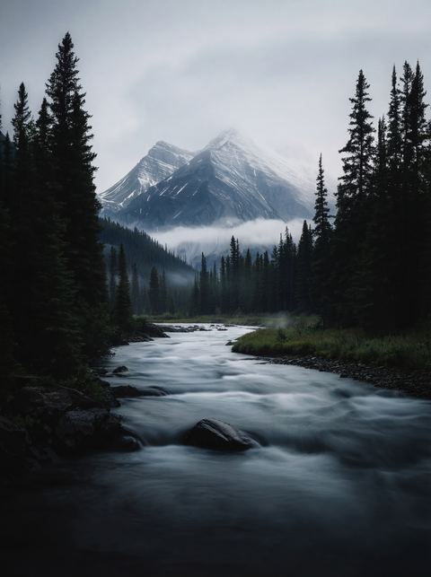 Generative art print of a mountain stream flowing through coniferous forest toward snowy peaks, long exposure water, framed in matte black solid wood.