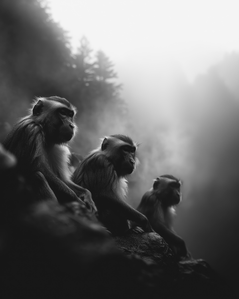 Japanese Macaques | Framed Poster | Premium Wooden Frame | Black & White - chaipeau