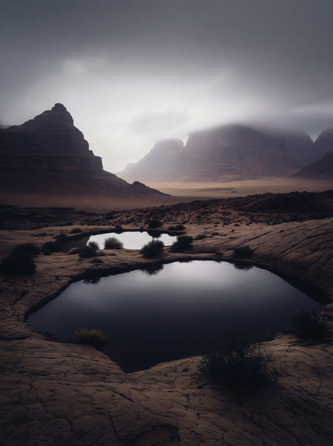 Generative art print of a still desert water pool reflecting mountains and sky, rocky foreground, framed in matte black solid wood.

