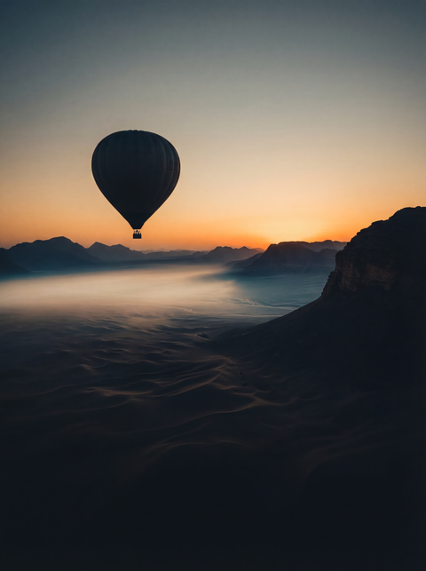 Generative art print of a hot air balloon silhouette against a sunrise gradient sky, Wadi Rum desert landscape, framed in matte black solid wood.