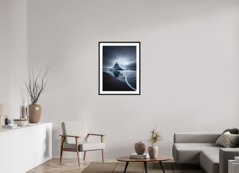 60 x 80 cm, Fine Art Print — Framed "Obsidian Shore" – Sculptural Iceberg on Black Sand Fine Art Print